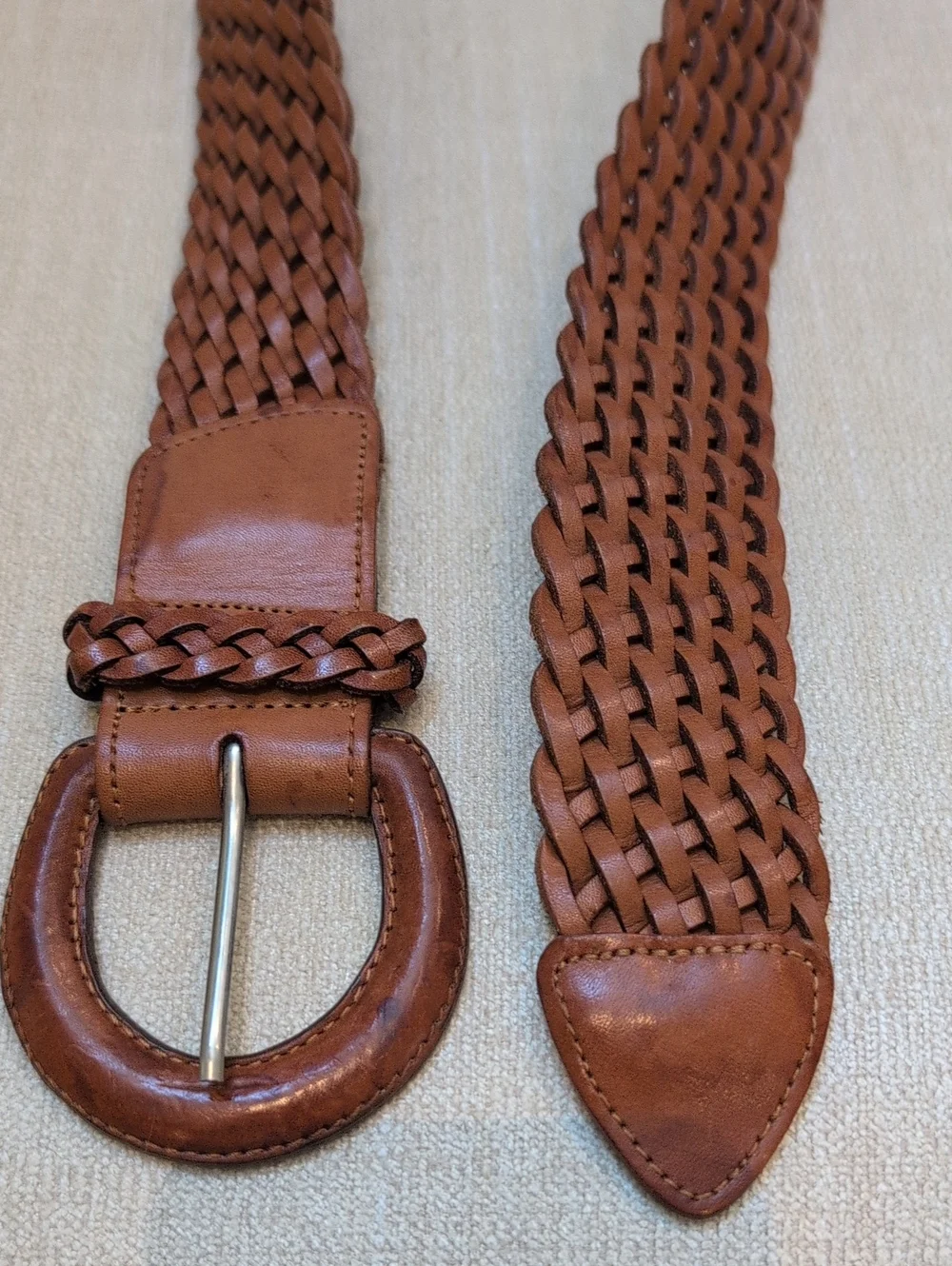 Eddie Bauer Brown Leather Woven Belt Size M Classic Casual Style Made in USA